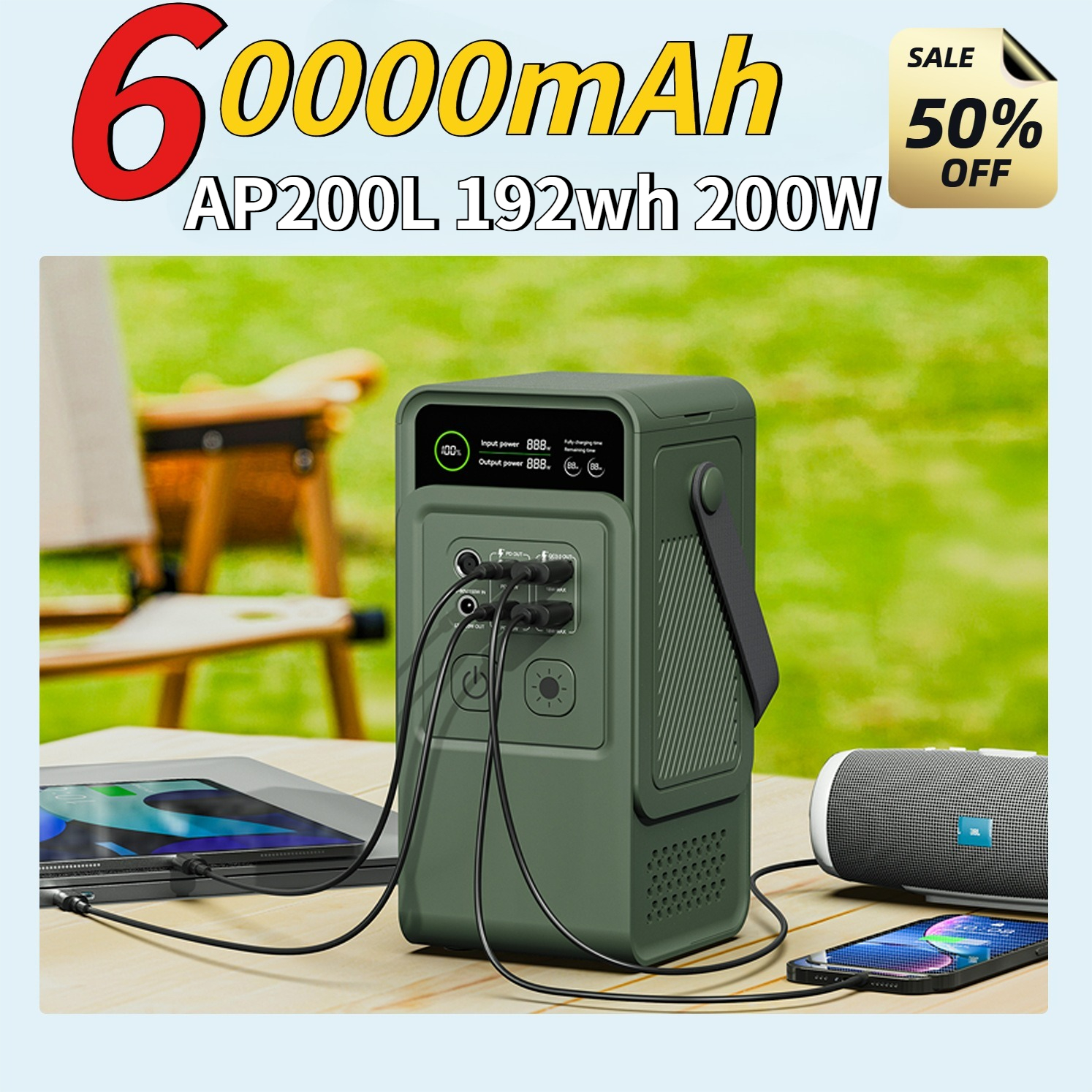 Lifepo4 Battery Pack - 60000mAh 200W 192Wh Camping Power Station